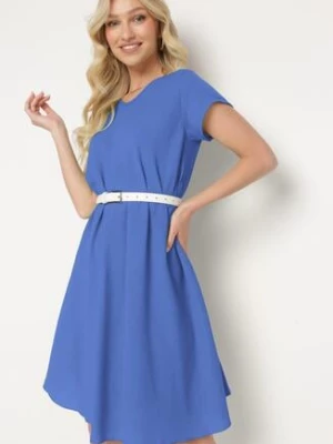 Niebieska Rozkloszowana Sukienka z Krótkim Rękawem Elletta