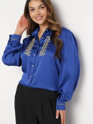 Granatowa Satynowa Koszula z Kołnierzykiem Ozdobiona Cyrkoniami i Perełkami Classa elsa.m by may