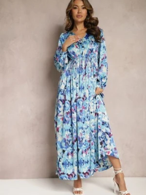 Granatowa Satynowa Sukienka Maxi Taliowana w Abstrakcyjny Wzór Arcadina belcci