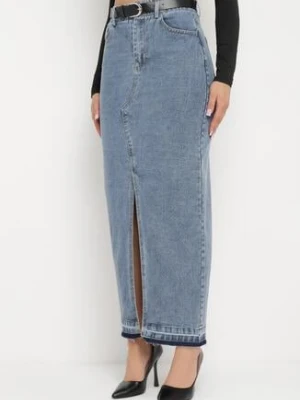 Granatowa Spódnica Jeansowa o Ołówkowym Kroju z Rozcięciem z Przodu Ramalla elsa.m by may