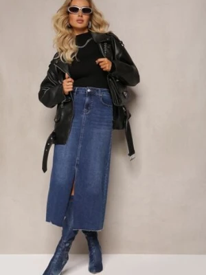 Granatowa Spódnica Maxi z Rozcięciem z Jeansu Vonuline hello miss