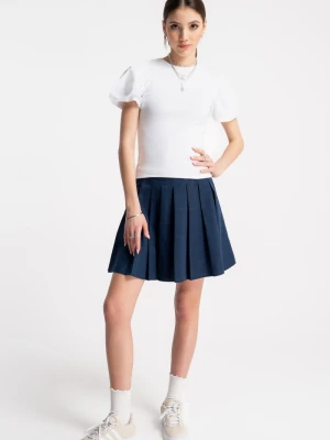 Granatowa spódnica mini z kontrafałdami w niebieską kratę Reporter