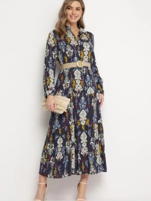 Granatowa Sukienka Koszulowa Rozkloszowana Delirime