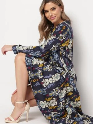 Granatowa Sukienka Koszulowa Rozkloszowana Delirime