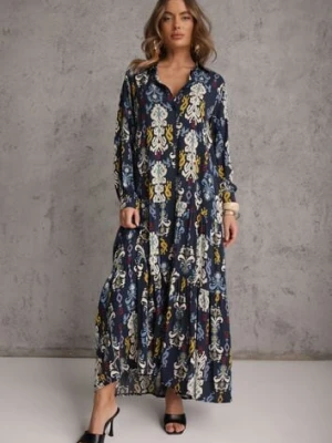 Granatowa Sukienka Koszulowa Rozkloszowana Zjarrta