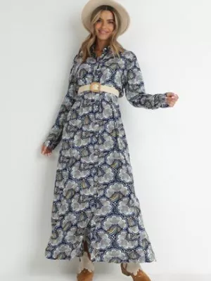 Granatowa Sukienka Koszulowa w Roślinny Wzór Bivi