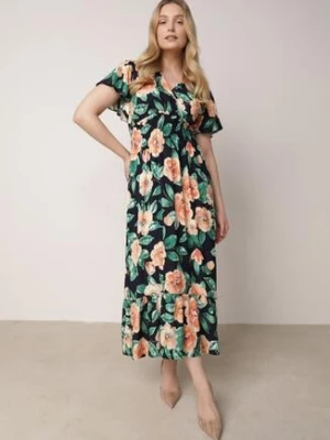 Granatowa Sukienka Maxi z Kopertowym Dekoltem i Gumkami w Pasie Kelsi