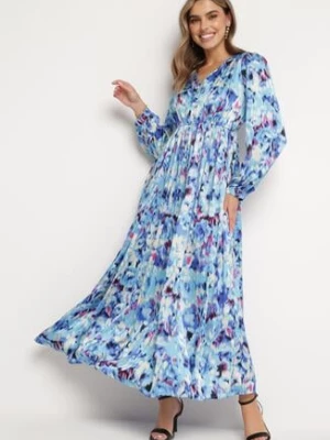 Granatowa Sukienka Maxi z Satynowej Tkaniny w Abstrakcyjny Wzór Wirla