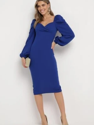 Granatowa Sukienka Midi z Kopertową Górą i Bufiastymi Rękawami Ozdobiona Marszczeniami Azurma messaya