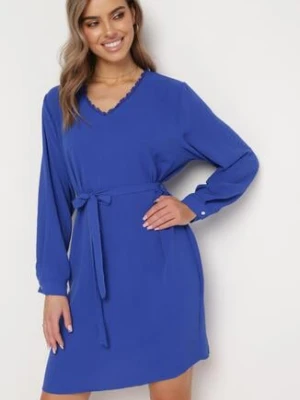 Granatowa Sukienka Mini Rozkloszowana z Paskiem i Koronkową Wstawką Varanil melya by melody