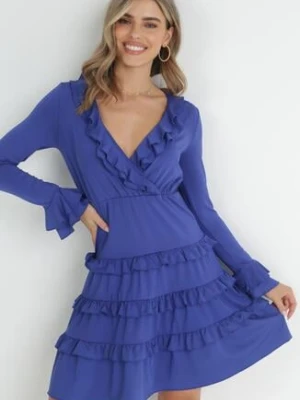 Granatowa Sukienka Mini z Gumką w Talii i Falbankami Livarria by swan