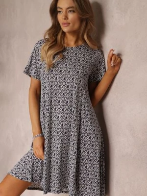 Granatowa Sukienka Mini z Krótkimi Rękawami i Wzorem w Kwiaty Cassatha sweet&girl