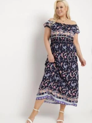 Granatowa Sukienka na Lato Bawełniana Hiszpanka z Wzorem Paisley i Gumką w Pasie Vediana