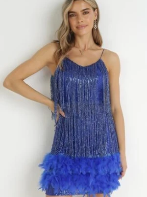 Granatowa Sukienka na Ramiączkach z Frędzlami w Cyrkonie i Piórami Mistina lovery