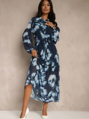 Granatowa Sukienka o Pudełkowym Kroju w Kwiatowy Wzór Ozdobiona Paskiem Acexia lovery