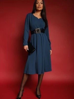Granatowa Sukienka o Rozkloszowanym Kroju z Trójkątnym Dekoltem Temivara new collection