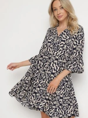 Granatowa Sukienka Rozkloszowana z Bawełny w Etniczny Wzór Zalista defox