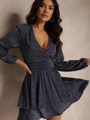 Granatowa Sukienka Rozkloszowana z Metaliczną Nitką Necile by swan