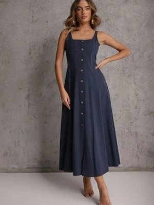 Granatowa Sukienka Rozkloszowana z Wiskozą i Bawełną Ozdobiona Guzikami Nikippe elsa.m by may