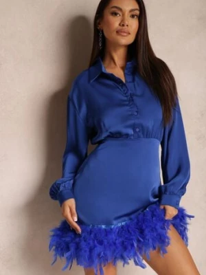 Granatowa Sukienka Satynowa z Piórkami na Dole Abira elsa.m by may