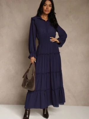 Granatowa Sukienka VICES Koszulowa z Falbaną w Rustykalnym Stylu Arivite