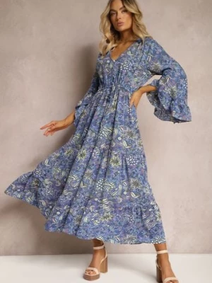 Granatowa Sukienka w Kwiatowy Print Rozkloszowana z Falbankami Airova