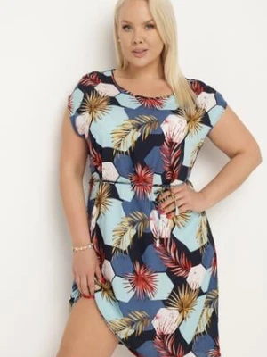 Granatowa Sukienka Wiązana w Talii w Abstrakcyjny Wzór z Tyłu Rozcięcie Risallete generation