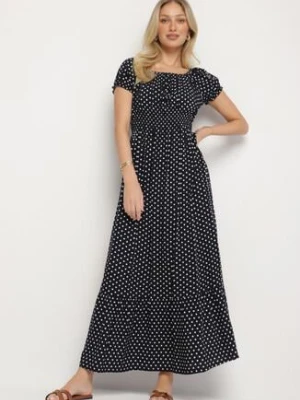 Granatowa Sukienka z Bawełną w Kropki Ellisla j&x