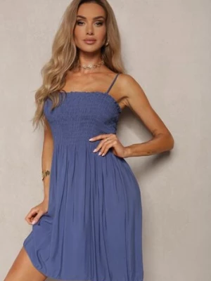 Granatowa Sukienka z Bawełny na Ramiączkach o Rozkloszowanym Kroju z Marszczoną Górą Christten defox