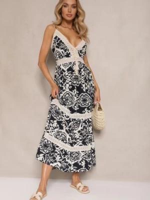 Granatowa Sukienka z Bawełny o Rozkloszowanym Kroju w Etniczny Print Taliraya defox