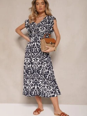 Granatowa Sukienka z Bawełny Rozkloszowana z Falbanami w Roślinny Wzór Zalimara defox