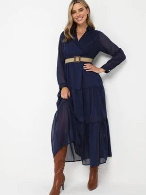 Granatowa Sukienka z Kopertowym Dekoltem i Plecionym Paskiem Dirmi rosa