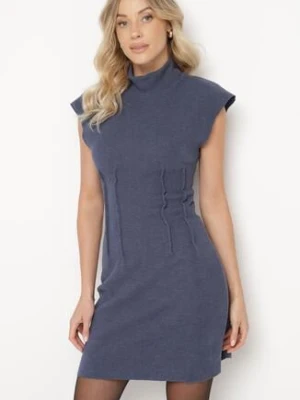 Granatowa Sukienka z Prążkowanej Dzianiny o Taliowanym Kroju z Półgolfem Ivarinae lefon