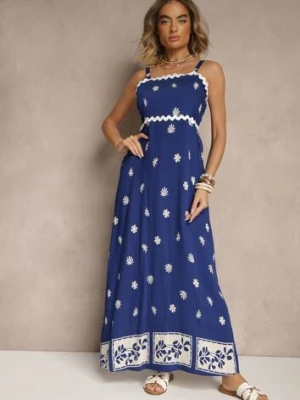 Granatowa Sukienka z Wiskozy Ozdobiona Geometrycznym Motywem Lunessa cflo