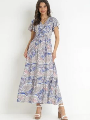 Granatowa Sukienka z Wiskozy w Etno Wzór z Gumką w Talii Munira