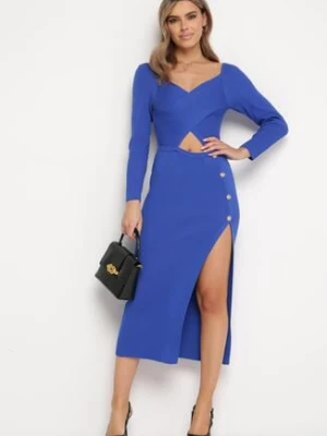 Granatowa Sukienka z Wycięciem na Brzuchu z Ozdobnymi Guzikami i Rozcięciem na Dole Majanna elsa.m by may