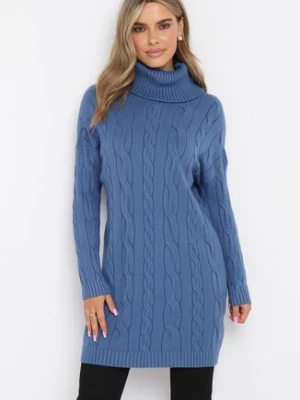 Granatowa Sweterkowa Mini Sukienka z Szerokim Golfem i Ściągaczami Patricime