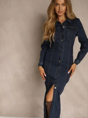 Granatowa Taliowana Sukienka Jeansowa o Koszulowym Fasonie Nezavia