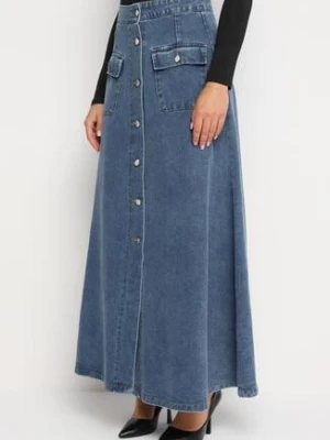 Granatowa Trapezowa Spódnica Maxi Bawełniana Jeansowa z Guzikami i Kieszeniami z Klapami Zrissa elsa.m by may