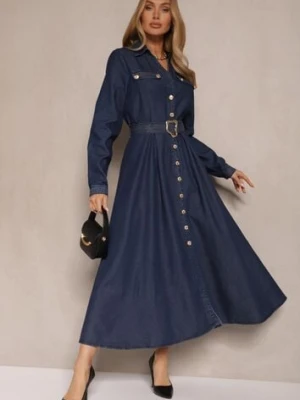 Granatowa Wiskozowa Sukienka Koszulowa z Bawełną Ozdobiona Paskiem Halanoria elsa.m by may