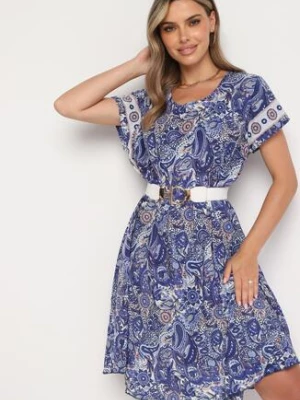 Granatowa Wiskozowa Sukienka o Rozkloszowanym Kroju w Stylu Boho Melnea cflo