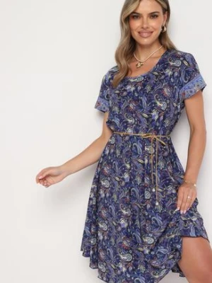 Granatowa Wiskozowa Sukienka Rozkloszowana we Wzór Paisley Mastis cflo