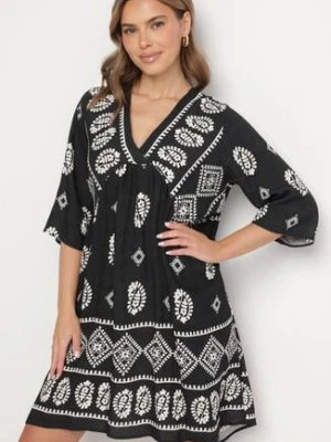 Granatowa Wiskozowa Sukienka ze Wzorem Boho Frisana