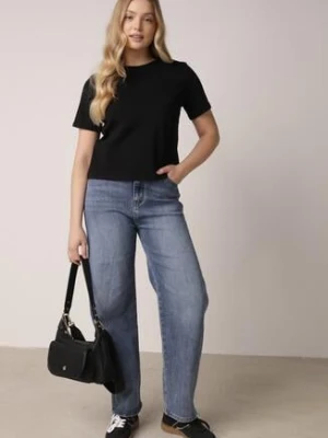 Granatowe Bawełniane Jeansy o Kroju Barrel Leg z Wysokim Stanem Tinalea