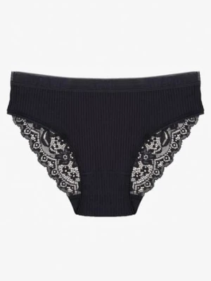 Granatowe Bawełniane Majtki Figi z Prążkowanej Tkaniny z Koronką Erqelia han