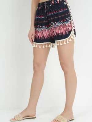 Granatowe Bawełniane Szorty z Gumką w Pasie z Frędzelkami Leasima r&f fashion