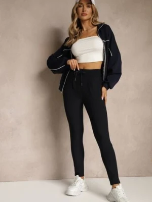 Granatowe Dopasowane Spodnie High Waist z Gumką i Wiązaniem w Talii Zelpia yu & me