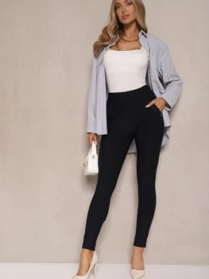 Granatowe Dopasowane Spodnie High Waist z Gumką w Talii Rivbia