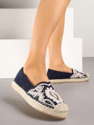Zdjęcie produktu Granatowe Espadryle z Plecioną Podeszwą Cekinami i Haftem Merelitia
