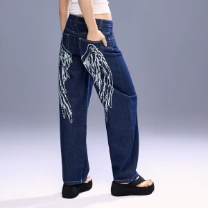 Granatowe jeansy baggy barrel fit z nadrukiem skrzydeł na tyle House